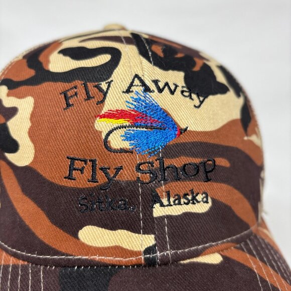 Simms Fishing Camo Snapback Trucker Cap Hat Fly Away Fly Shop Sitka Alaska NEW - Picture 2 of 8